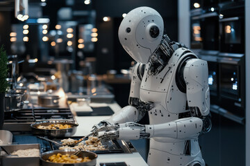 Fototapeta premium Advanced robot baking and organizing food in a modern, glowing kitchen environment