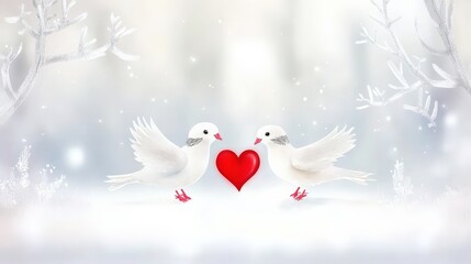 Fototapeta premium Winter wonderland doves, red heart, snowy scene