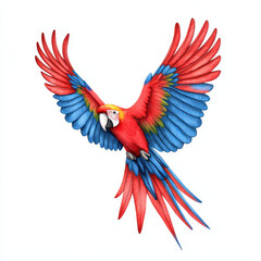 Fototapeta premium Vibrant red and blue parrot flying with outstretched wings in white background