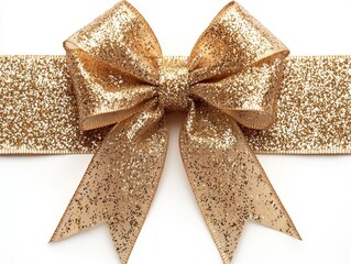 A golden bow, intricately crafted, sits gracefully on a smooth ribbon, ideal for making gifts for birthdays, weddings, and holidays look more elegant