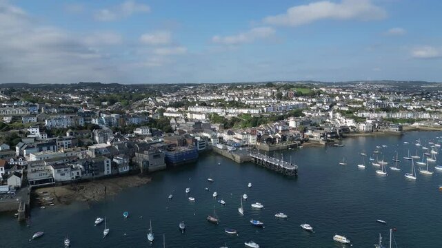 Falmouth, Cornwall, England: DRONE VIEWS: The town of Falmouth and the St Mawes ferry quay with moored yachts on the River Fal. Falmouth is a thriving port town and popular UK holiday destination (3).
