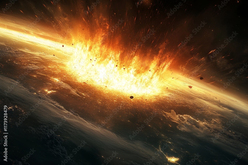 Aufkleber cosmic explosion devastates the earth's atmosphere during a cataclysmic event at dawn