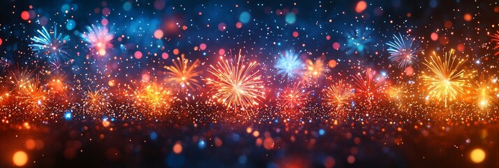 Fototapeta premium Against an orange and blue sky, golden fireworks create a stunning display ideal for celebrations like Christmas and New Year's Eve