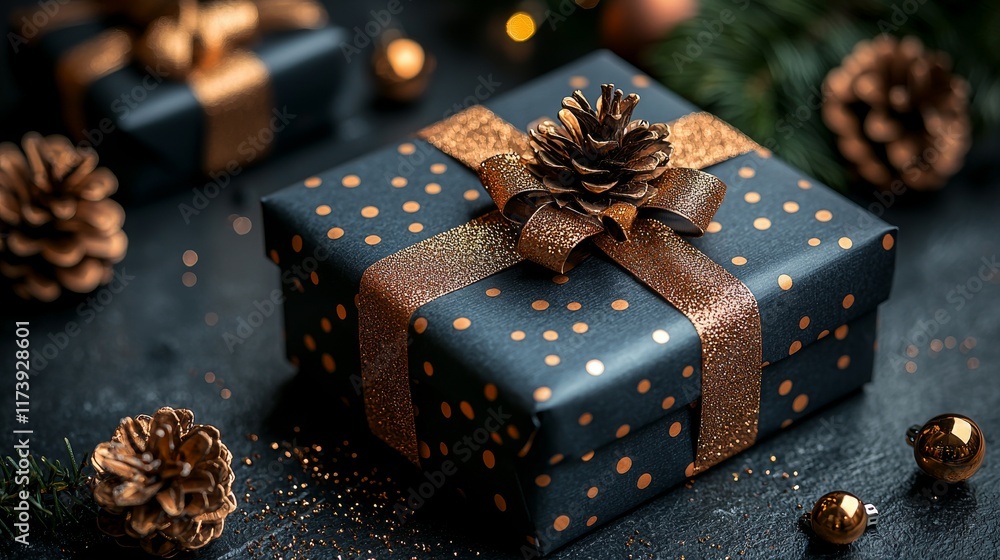 Poster a beautiful gift box rests on a white table, behind which a blurred christmas tree and sparkling lig