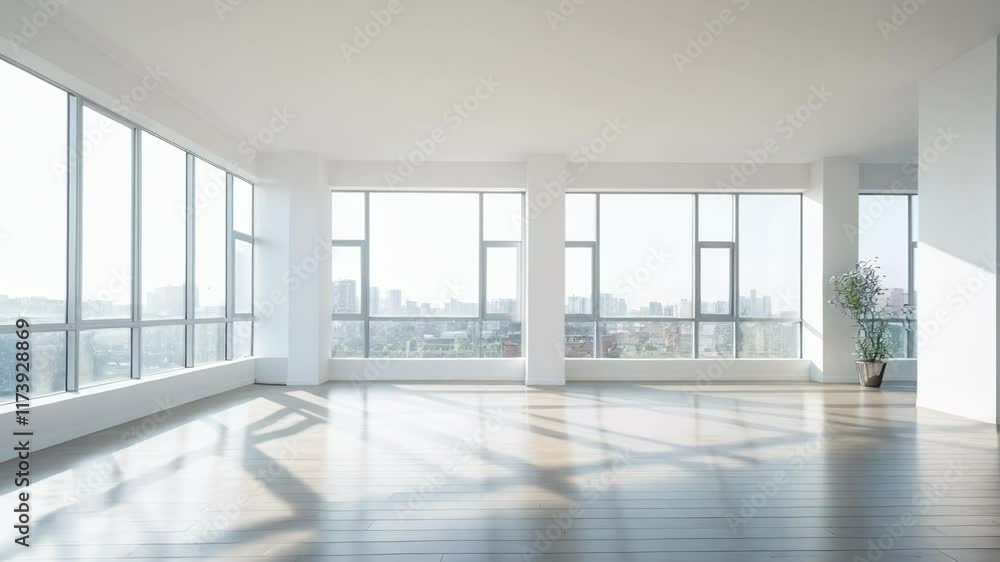 Poster sunlight streaming through large windows brightens an empty modern office interior featuring white w