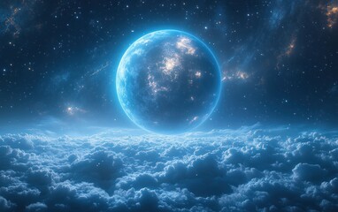 Fototapeta premium Vibrant Blue Planet Surrounded by Rings in Cosmic Landscape Illuminated by Distant Stars