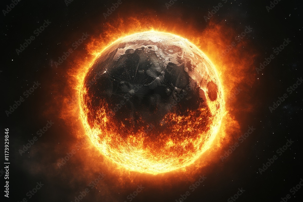 Poster celestial event showcasing a fiery sun illuminating the cosmos in a dramatic display of color and en