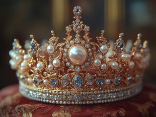 A Majestic Golden Crown Adorned with Intricate Pearl Details and Sparkling Gemstones Showcasing Royal Elegance and Timeless Luxury at Its Finest