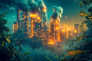 Obraz premium Burning urban landscape with smoke and flames at dusk surrounded by lush greenery