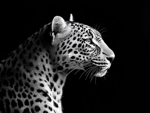 Leppard Side View Black White Portrait Leopard Animal Wildlife Cat Face Head 
