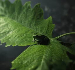 Tiny frog silhouette cast on vibrant green leaf, spring, foliage, sunlight