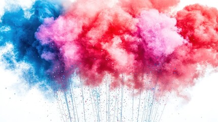 Vivid red, blue, and pink smoke clouds explode with colorful confetti. Ideal for festive celebrations, party backdrops, or vibrant digital art.