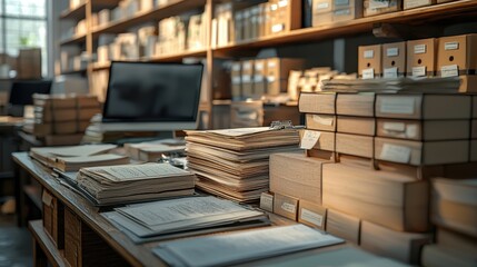 Vintage Office Workspace with Stacked Documents and Wooden Shelving