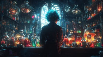 Anime Girl Sorcerer with Curly Turquoise Hair in Witch Robe Surrounded by Colorful Potions and Skulls