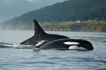 Fototapeta premium Two black and white marine mammals swim.