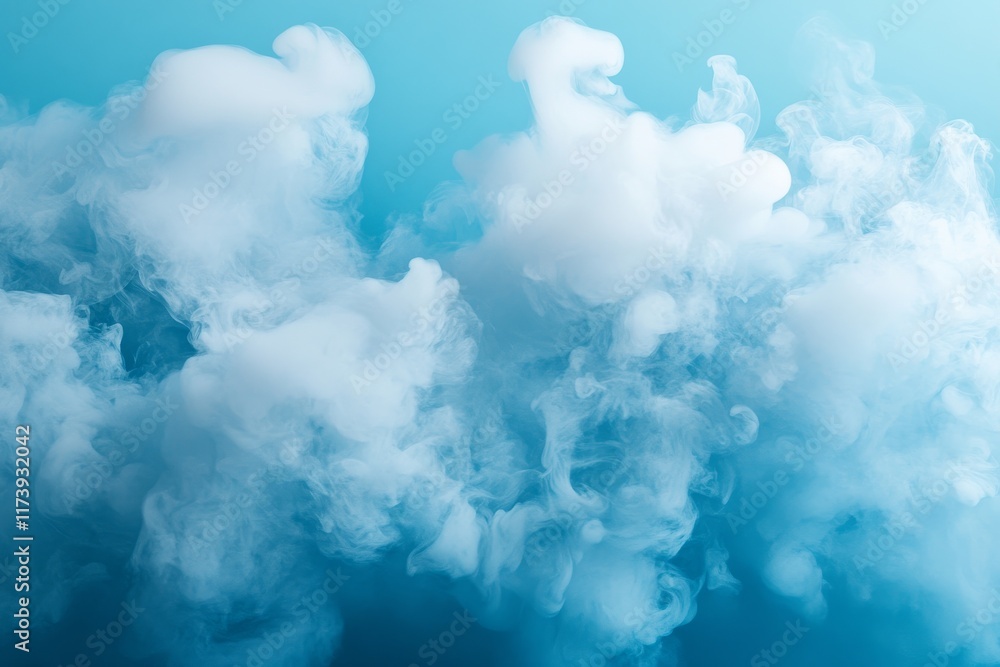 Poster bright blue background with swirling white clouds creating a dreamy atmosphere in a serene setting