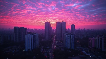 A vibrant sunset over a city skyline, showcasing buildings and a colorful sky.