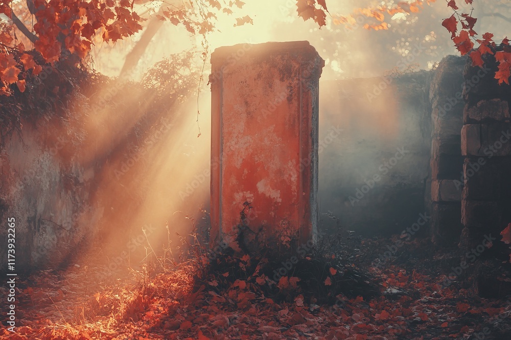 Poster sunlight filters through autumn leaves highlighting an ancient stone structure in a misty forest