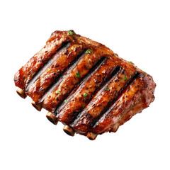 Grilled pork ribs or shoulder with shiny barbecue glaze, charred edges, and seasoning, isolated on white transparent background, concept of delicious food