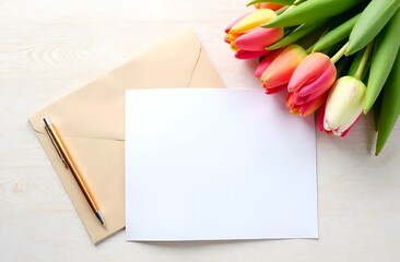 Writing a letter with a bouquet of white and pink tulips on a light background.