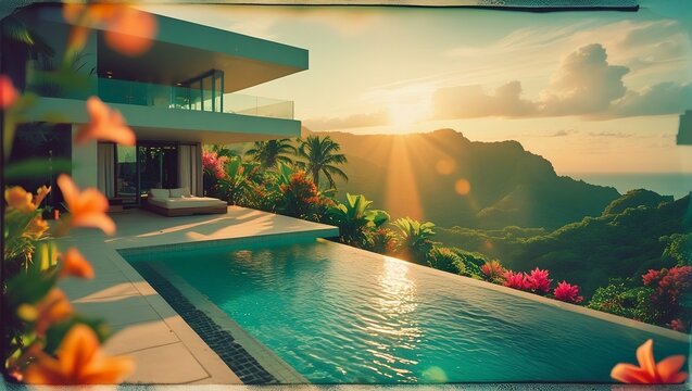 Luxurious Villa Oasis: Panoramic Pool Terrace in Tropical Sunrise Splendor