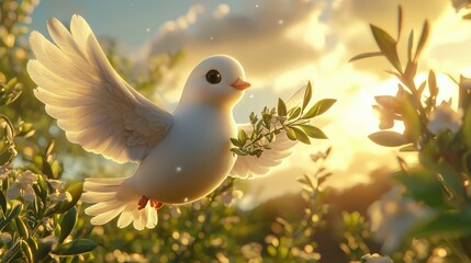 A Serene Sunset: A Dove in Flight Amidst Blossoming Branches