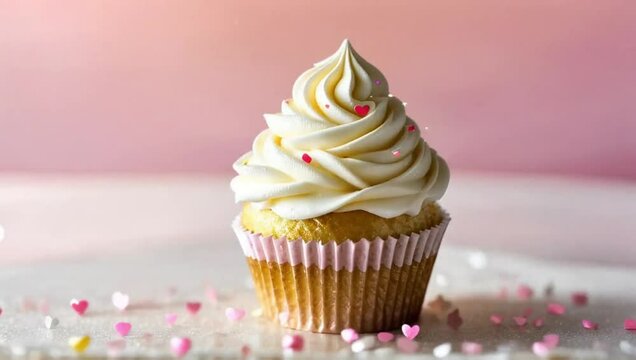 delicious cupcake with decoration on pink background showing motion animation