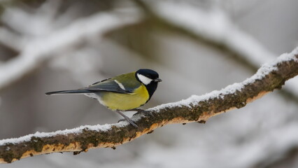 Fototapeta premium Parus major aka great tit perched on tree branch. Common bird in Czech republic.