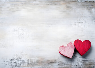 Obraz premium Valentines day background with two red hearts on wooden background