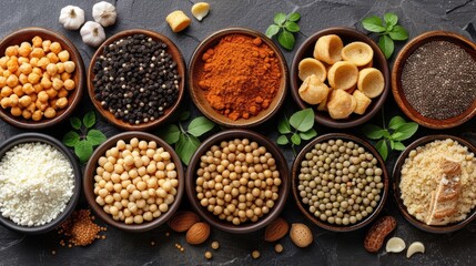 A Diverse Array of Nutritious Ingredients Presented in Wooden Bowls, Featuring Spices, Grains, Seeds, and Other Essential Cooking Elements on a Rustic Stone Surface
