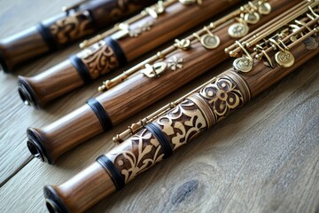 Naklejka premium Ornate woodwind instruments rest on wood.