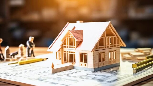 Miniature house model is standing on blueprint with miniature construction workers, tools and materials surrounding it, showcasing the process of planning and building a new home