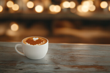 Obraz premium A cup of cappuccino with a cinnamon heart on the foam on the coffee shop table. 