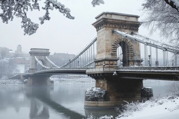 Obraz premium Snow-covered bridge spans river, wintry scene.