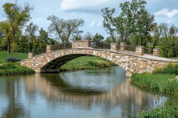 Fototapeta premium Stone arch bridge spans tranquil water, lush greenery.
