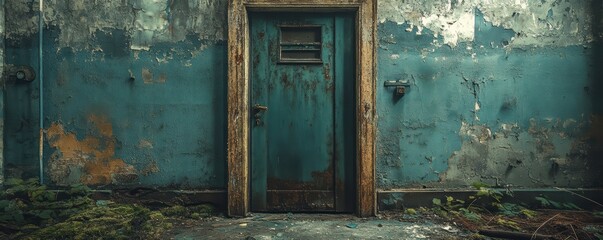 An Abandoned Building with a Weathered, Decaying Door Surrounded by Overgrown Foliage, Illustrating the Passage of Time and Urban Decay in a Forgotten Urban Environment