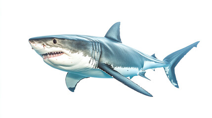 Obraz premium Great white shark full body isolated on white background. ocean sea underwater wildlife predator animal, dangerous marine aquatic big large creature, aggressive monster.