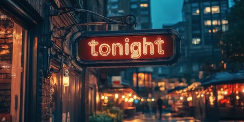A neon sign glowing warmly at dusk in a vibrant city street, inviting passersby with the word "tonight," set against an urban backdrop bustling with activity.