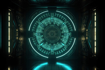 Fototapeta premium Advanced sci-fi door glowing with neon blue lights and cybernetic designs