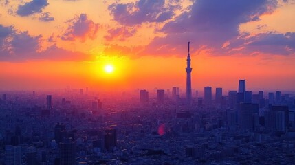 Fototapeta premium A vibrant sunset over a city skyline featuring a tall tower and scattered clouds.
