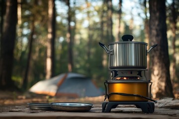 Cooking food outdoors with a camping stove near a tent in a forest setting during daylight hours