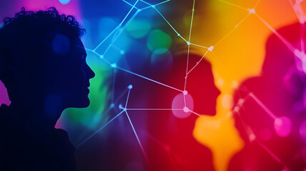 Obraz premium People connect and engage in deep conversations amid vibrant colors and digital patterns
