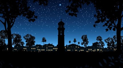 Stunning Nighttime Silhouette of Tower Against Starry Sky with Cityscape and Trees in Background, Capturing Serenity and Urban Charm in One Frame