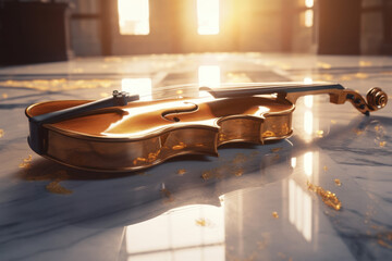 Close-up of a violin elegantly displayed on a sunlit surface capturing its fine craftsmanship