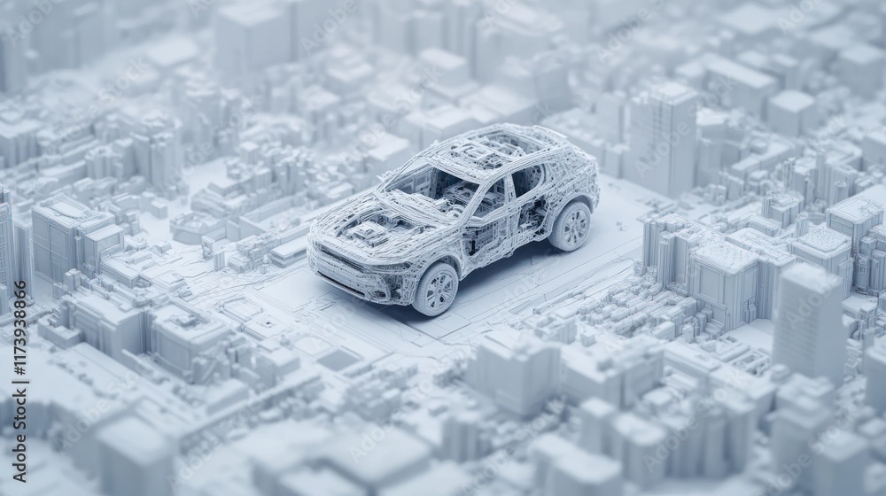 Poster a wireframe car model sits on a wireframe cityscape. this image can be used to represent the integra