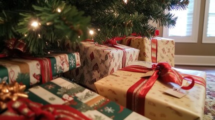 Christmas gifts under decorated tree with lights.