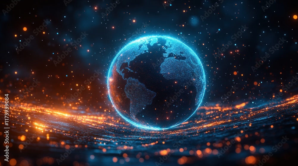 Poster Holographic Blue Earth Globe with Interactive Data Streams and AI Global Communication Networks in Virtual Reality