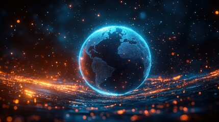 Holographic Blue Earth Globe with Interactive Data Streams and AI Global Communication Networks in Virtual Reality