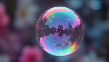 Iridescent Rainbow Bubble with Landscape Reflection