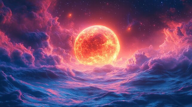 Vibrant Cosmic Scene Glowing Orange Planet with Swirling Neon Trails 3D Illustration